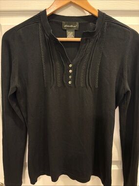 Eddie Bauer Women Black Button-Front Henley Top Silk and Angora Rabbit Size M